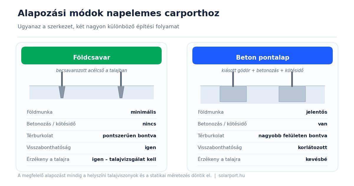 Napelemes carport alapozási módok összehasonlítása: földcsavar és beton pontalap