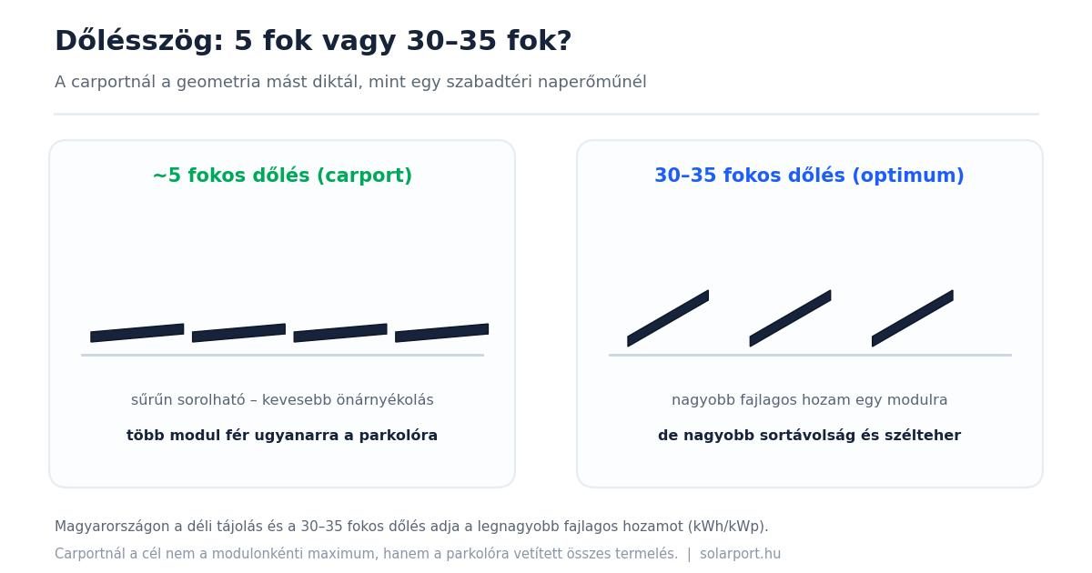 Napelemes carport dőlésszög összehasonlítás: 5 fokos és 30-35 fokos modulsík