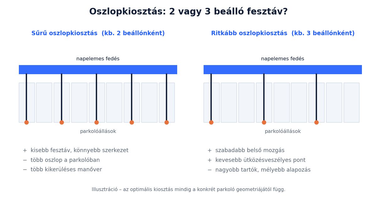 Napelemes carport oszlopkiosztás összehasonlítása: két beálló és három beálló fesztáv
