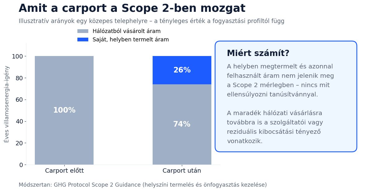 Oszlopdiagram arról, hogyan csökkenti a napelemes carport önfogyasztása a hálózatból vásárolt áram arányát és a Scope 2 kibocsátást