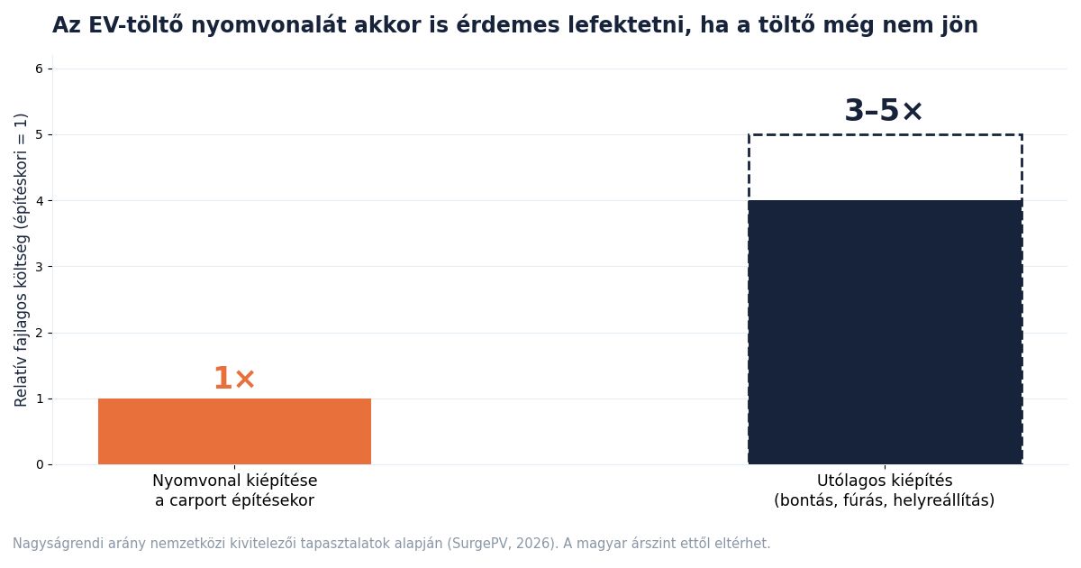 EV-töltő kábelnyomvonal fajlagos költsége a carport építésekor és utólag – az utólagos kiépítés három-ötszörös