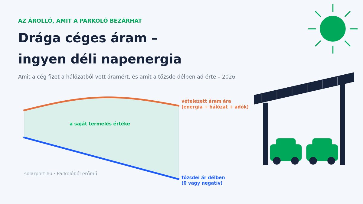 Céges áramár és napelemes parkoló 2026 – borítókép: a hálózatból vételezett áram ára és a déli tőzsdei ár közötti árolló, amelyet a parkoló fölötti saját termelés zár be