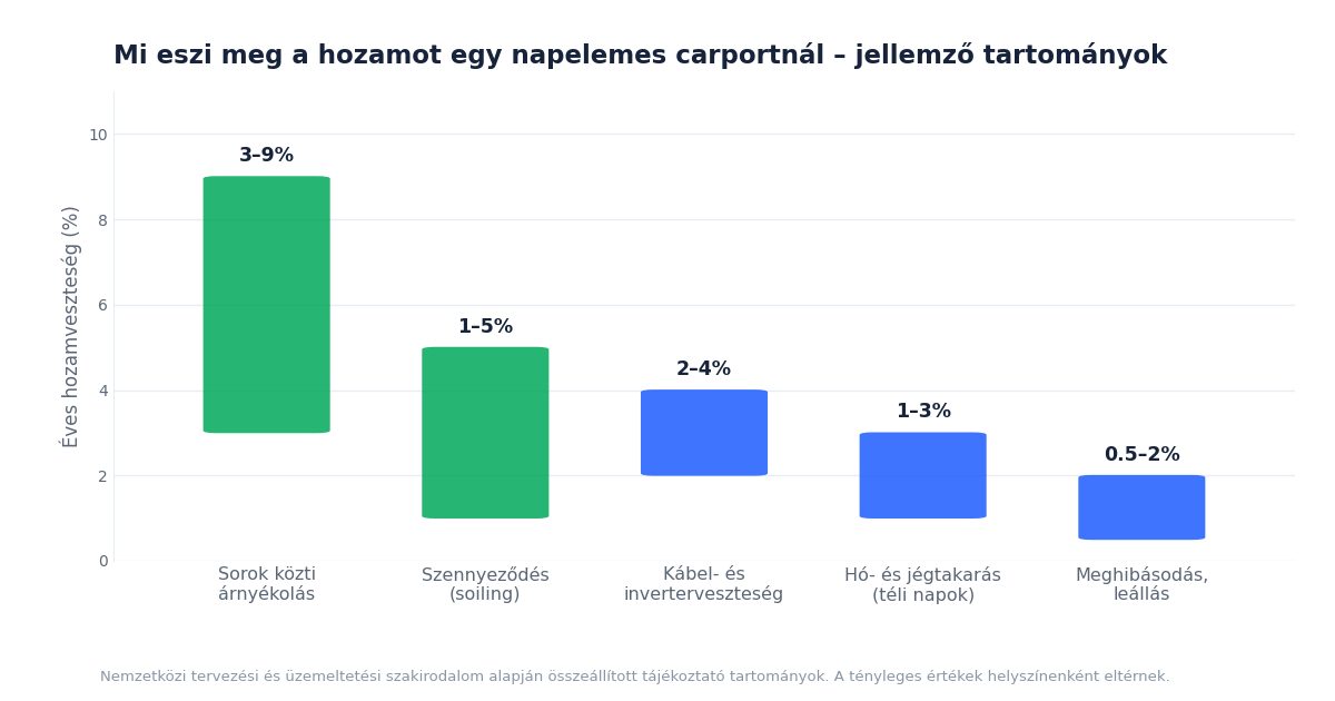 Napelemes carport éves hozamveszteségének jellemző tényezői: sorok közti árnyékolás, szennyeződés, kábelveszteség, hótakarás és leállás