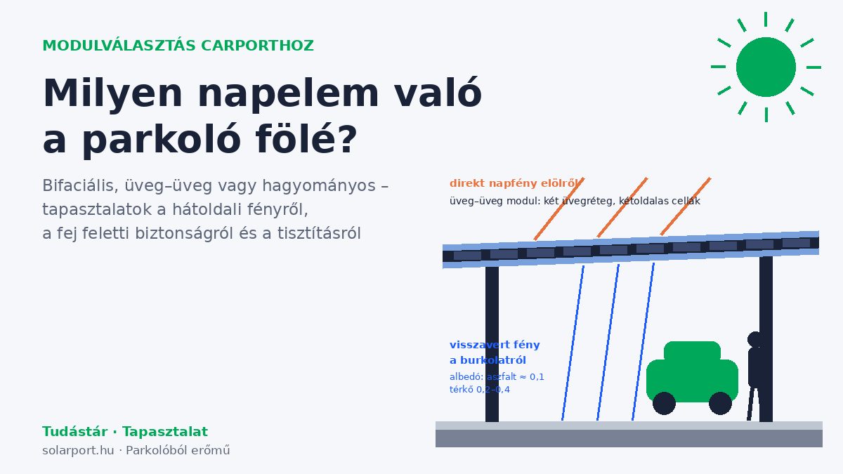 Napelemes carport modulválasztás – borítókép: a parkoló fölötti modul elölről napfényt, hátulról a burkolatról visszaverődő fényt kap, alatta emberek és autók