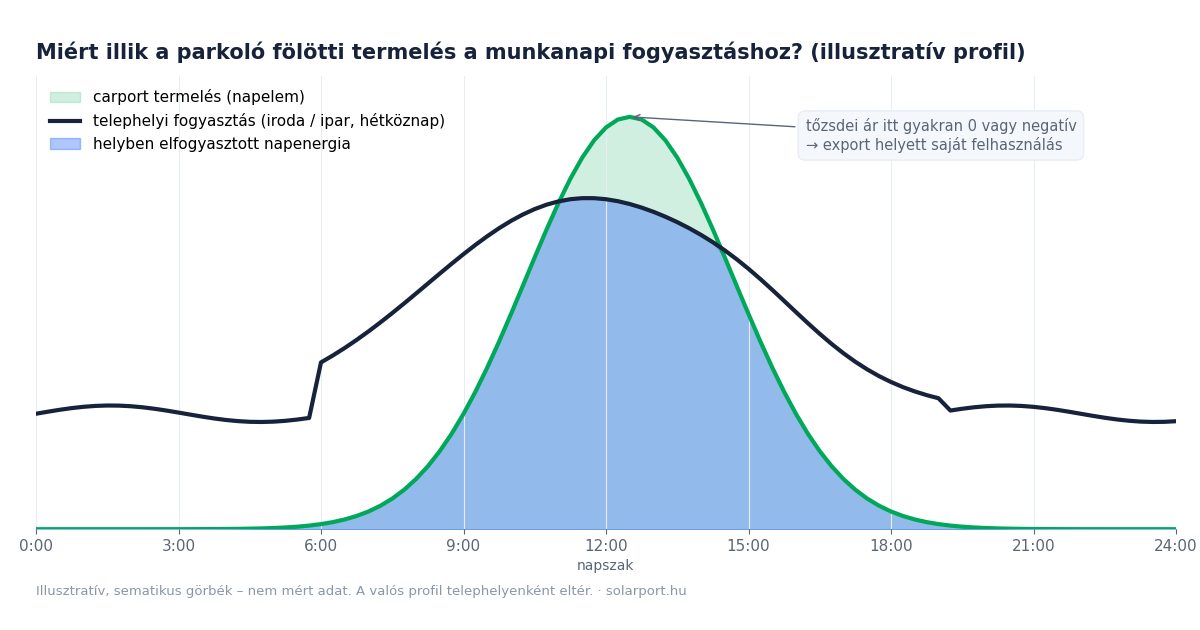 Illusztratív napi profil: a parkoló fölötti napelemes carport termelése és egy irodai vagy ipari telephely hétköznapi fogyasztása jelentős részben egybeesik